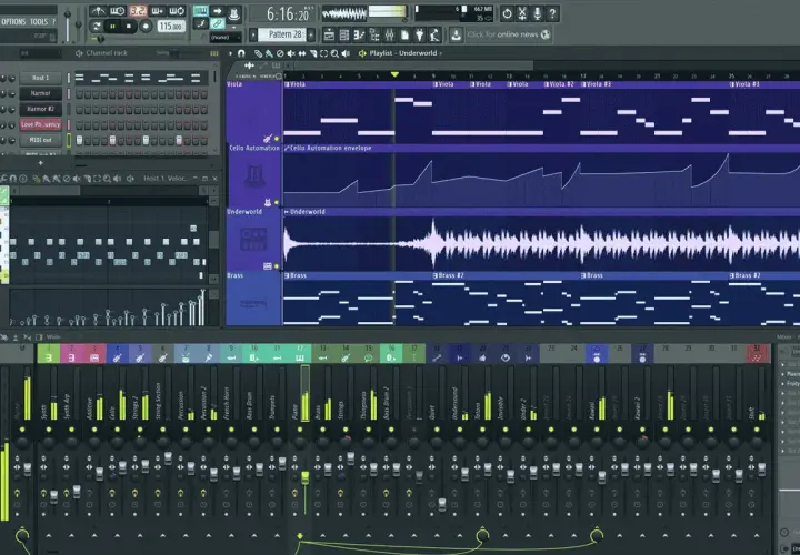 Interface d'un logiciel home studio, montrant une piste MIDI avec des notes de violoncelles et de cuivres, ainsi qu'un mixeur audio.