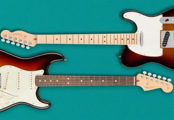 Stratocaster vs Telecaster : deux guitares électriques emblématiques, l'une avec trois micros et l'autre avec deux, sur fond turquoise.