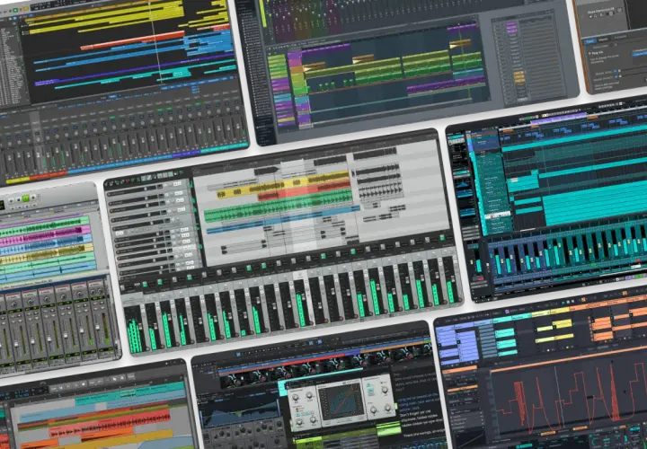 Plusieurs interfaces de logiciel DAW affichant des pistes audio, des faders et des formes d'onde, pour la création musicale.