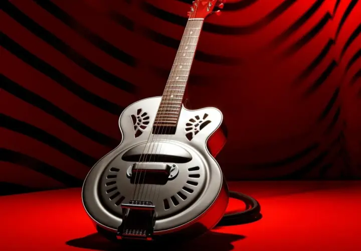 Guitare dobro blues argentée, sur fond rouge strié de noir. Un instrument prêt à faire vibrer les âmes.