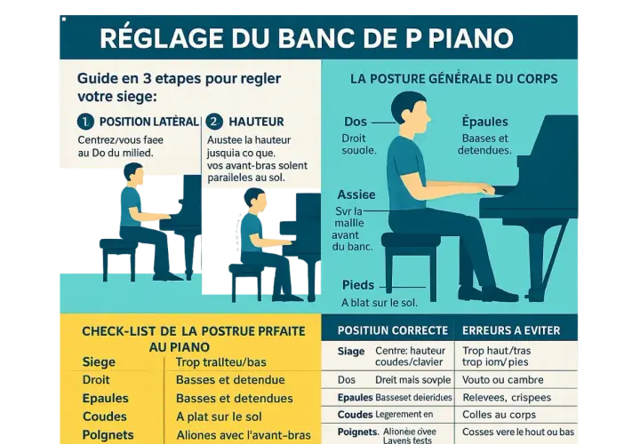 Guide pour une posture piano parfaite : dos droit, épaules basses, coudes légèrement en avant. Ajustez votre siège pour une assise idéale.
