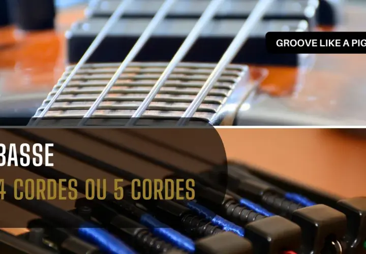 Gros plan sur les cordes d'une basse, avec le texte "BASSE 4 CORDES OU 5 CORDES".