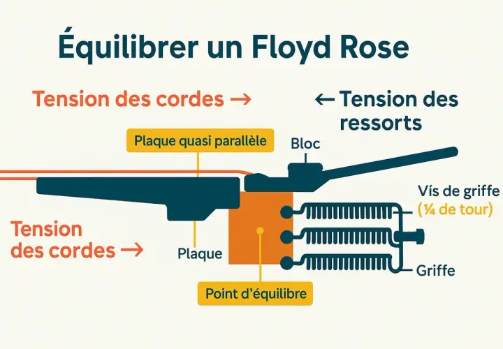 Schéma expliquant l'équilibrage d'un Floyd Rose de guitare, montrant la tension des cordes et des ressorts.