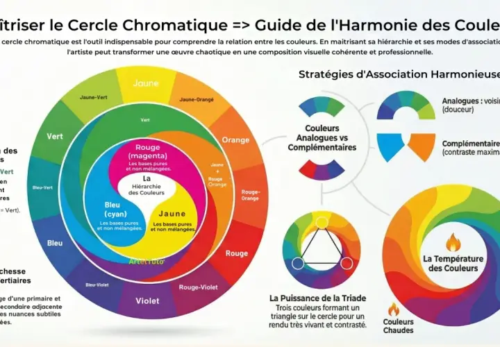 Guide de l'harmonie des couleurs : le cercle chromatique explique la **gamme chromatique**, la création des couleurs secondaires et tertiaires, et les stratégies d'association.