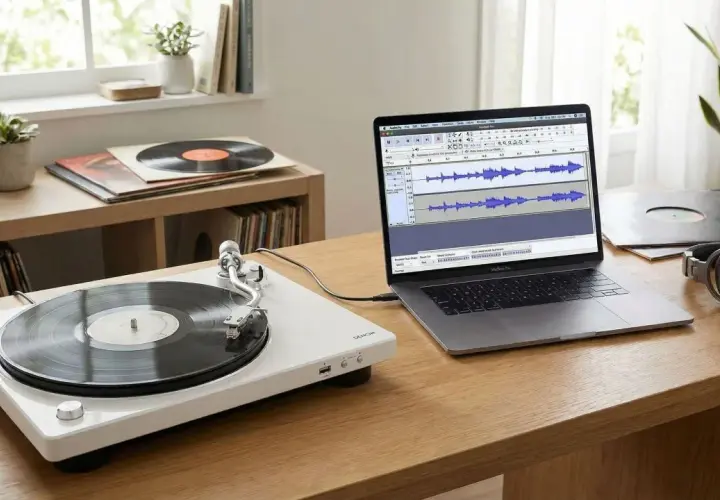 Platine vinyle Denon connectée à un ordinateur portable pour enregistrer des vinyles sur clé usb. Casque audio à proximité.