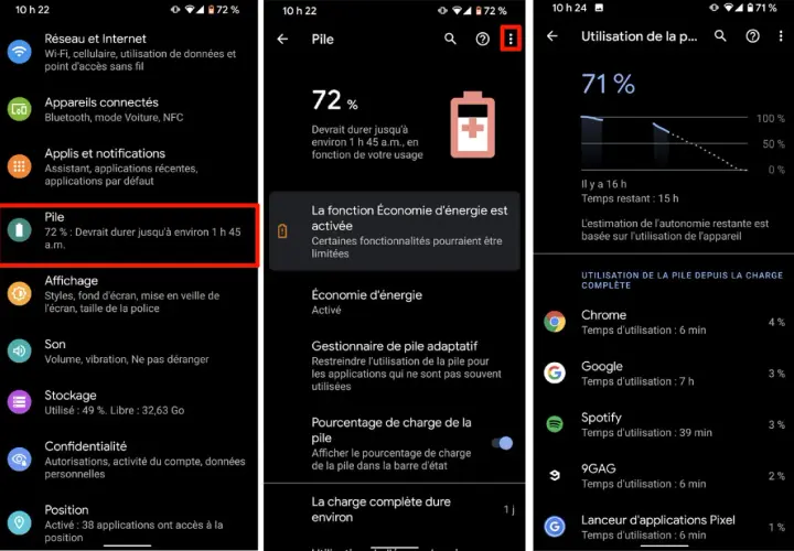 L'application de gestion de la batterie affiche 72% d'autonomie restante, estimée à 1h45. L'économie d'énergie est activée.