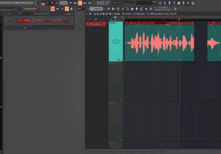 Interface FL Studio pour apprendre à mixer des voix. On voit des formes d'onde audio et des pistes dans la timeline.