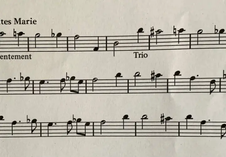 Partition musicale avec des notes et des indications comme "Tous Lentement" et "Trio". Le début de la première ligne montre un exemple d'anacrouse.
