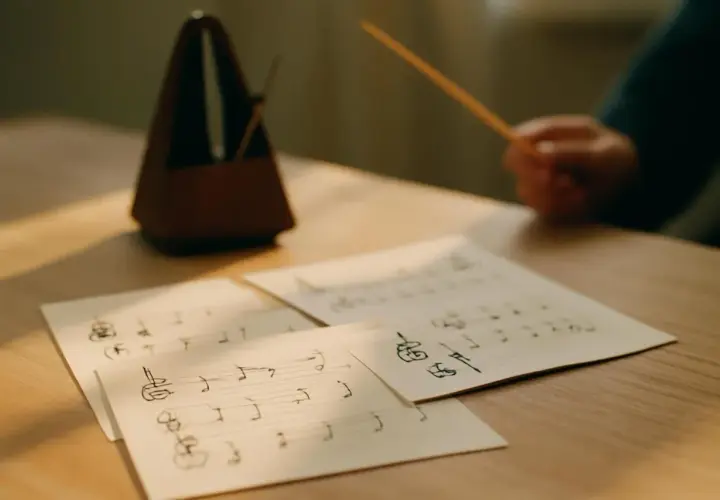Partition de musique sur une table, avec un métronome et une baguette. Le rythme ternaire est palpable.