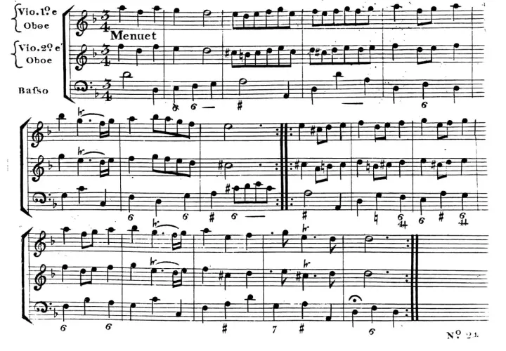 Partition de menuet pour violon, hautbois et basse. Un exemple d'hémiole rythmique est visible dans la partie de basse.