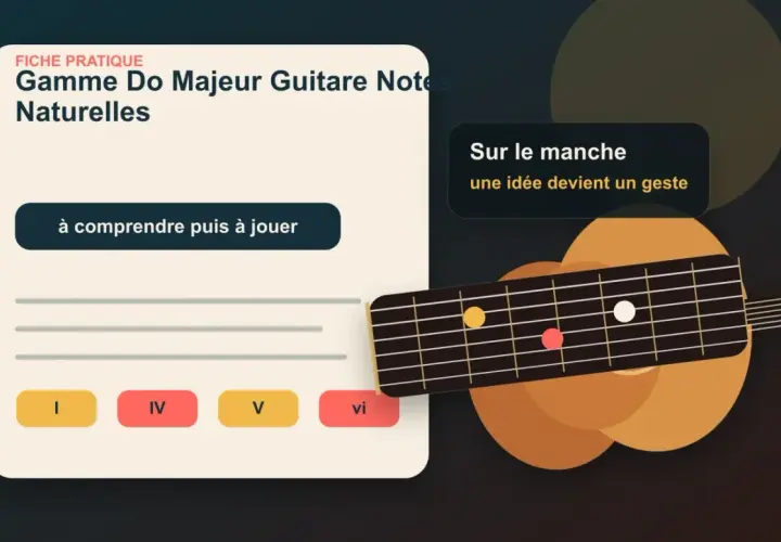 Fiche pratique sur la gamme Do Majeur pour guitare. Le manche de la guitare montre des notes pour apprendre la gamme.