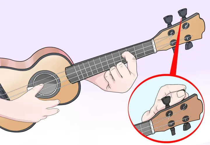 Main d'un musicien ajustant les mécaniques pour l'ukulele accordage. Gros plan sur la tête de l'instrument.
