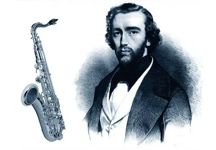 Adolphe Sax, inventeur du saxophone, et son instrument emblématique. L'origine du saxophone est ici illustrée.
