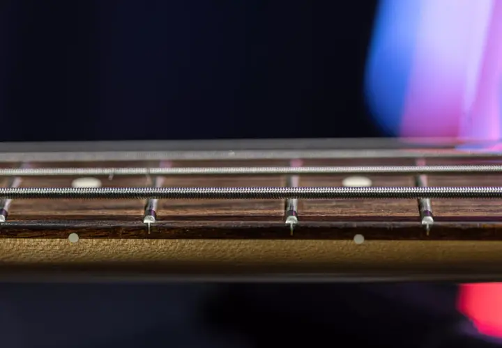 Gros plan sur les cordes et les frettes d'une guitare, révélant le radius subtil du manche.