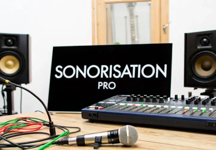 Studio d'enregistrement avec enceintes, console de mixage, micro et écran affichant "SONORISATION PRO". Idéal pour un **sono groupe musique**.