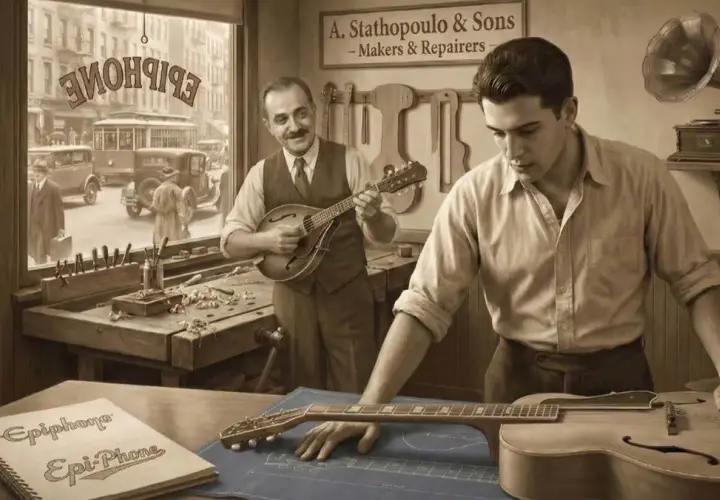 Un jeune homme examine un plan de son guitare electrique dans un atelier. Un autre homme joue d'une mandoline.