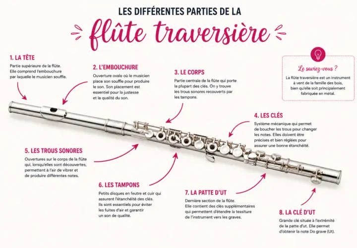 Une flûte traversière en métal, avec ses différentes parties expliquées : tête, embouchure, corps, clés, trous sonores, tampons, patte d'Ut et clé d'Ut.