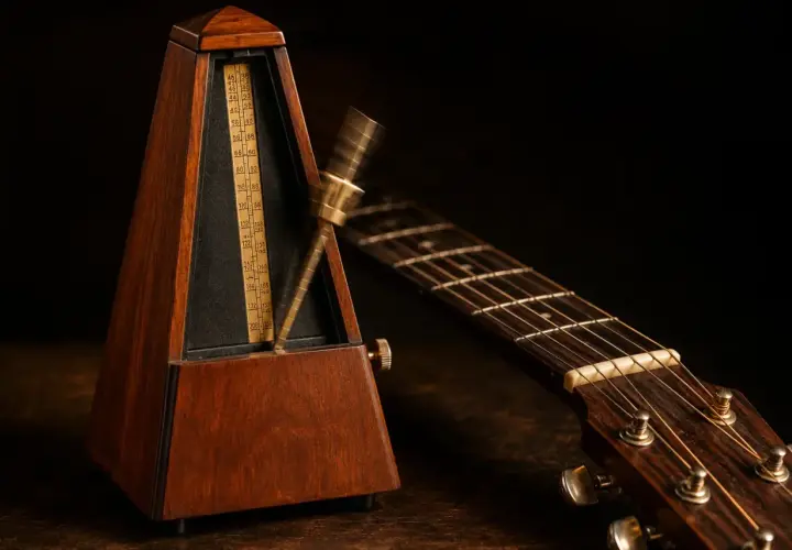 Un métronome en bois, outil essentiel pour la définition du tempo musical, oscille près d'une guitare acoustique.