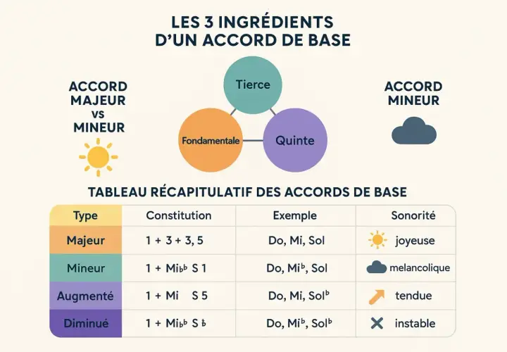 Tableau comparant accord majeur et mineur, leurs ingrédients (fondamentale, tierce, quinte) et sonorités (joyeuse vs mélancolique).