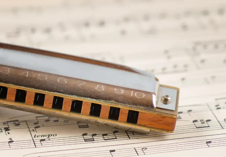Harmonica posée sur une partition de musique. Les notes et le mot "tempo" sont visibles, prêts à accompagner les mélodies de cet instrument.
