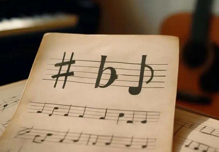 Partition de musique avec dièse, bémol et double bémol. Des notes musicales sur des portées, avec un piano et une guitare en arrière-plan.