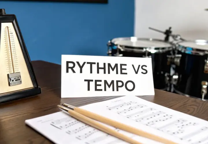 Un métronome, des partitions et des baguettes de batterie sur un bureau, avec un panneau "RYTHME VS TEMPO" et une batterie en arrière-plan. Le beat musique est partout.