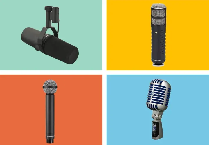 Quatre microphones dynamiques, dont un Shure SM7B, un Rode Procaster, un autre Shure et un micro vintage style "Elvis".