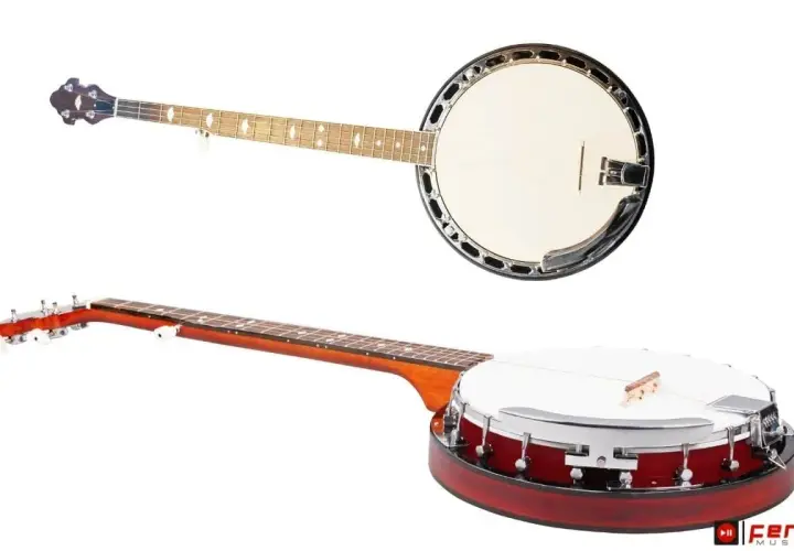 Deux banjos, l'un vu de dessus avec sa tête et son manche, l'autre de côté, révélant son corps rouge et sa peau blanche.