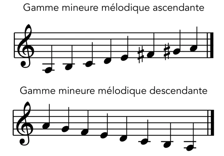 Portée musicale montrant la gamme mineure mélodique ascendante avec dièses, puis la gamme mineure mélodique descendante.