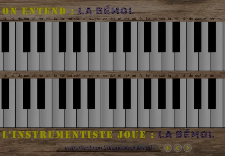 Deux claviers de piano stylisés, avec les notes écrites au-dessus. Le texte indique "On entend : La Bémol" et "L'instrumentiste joue : La Bémol".