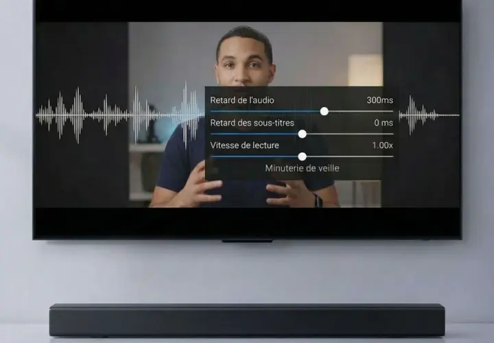 Un homme parle devant un écran de télévision affichant des réglages audio, y compris le retard et la vitesse de lecture. Le son est représenté par des formes d'onde, suggérant un flux pcm ou bitstream.
