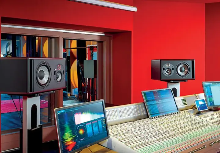 Studio d'enregistrement aux murs rouges, avec une console de mixage, des écrans d'ordinateur affichant des formes d'onde et des enceintes de monitoring, prêt pour créer un sample en musique.