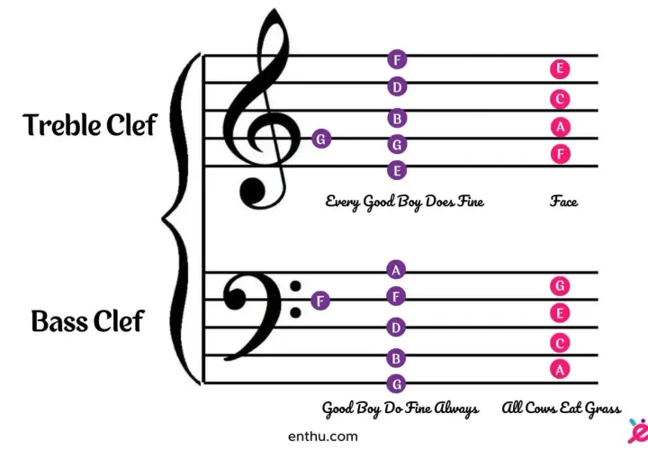 La clé de sol et la clé de fa expliquées avec des notes sur les portées. Chaque bonne note de garçon fait bien.