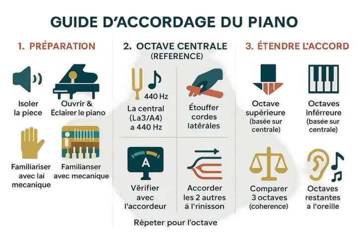 Guide pour l'accord piano : préparation, accord de l'octave centrale (La3/A4 à 440 Hz), puis extension de l'accord aux octaves supérieures et inférieures.
