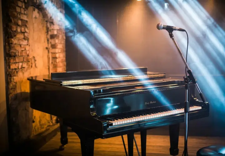 Un piano à queue noir, prêt pour un concert, sous des rayons de lumière bleus et dorés. Le micro est en place, attendant la première note de si bémol piano.