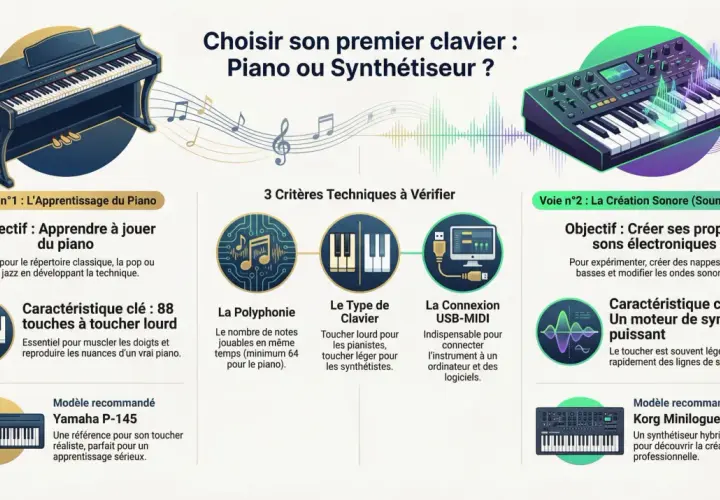 Comparaison entre piano et synthétiseur : apprendre le piano ou créer des sons électroniques. Le piano offre 88 touches lourdes pour un toucher réaliste, idéal pour le classique et le jazz. Le synthétiseur permet la création sonore avec un toucher léger.