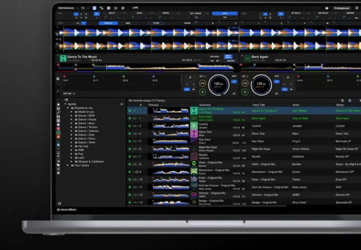 DJing avec rekordbox et Spotify : une interface intuitive pour mixer vos morceaux préférés.