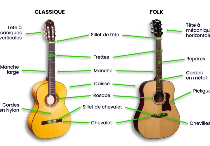 Comparaison entre une guitare classique et une guitare folk. La classique, idéale pour une première guitare, a des mécaniques verticales et des cordes en nylon.