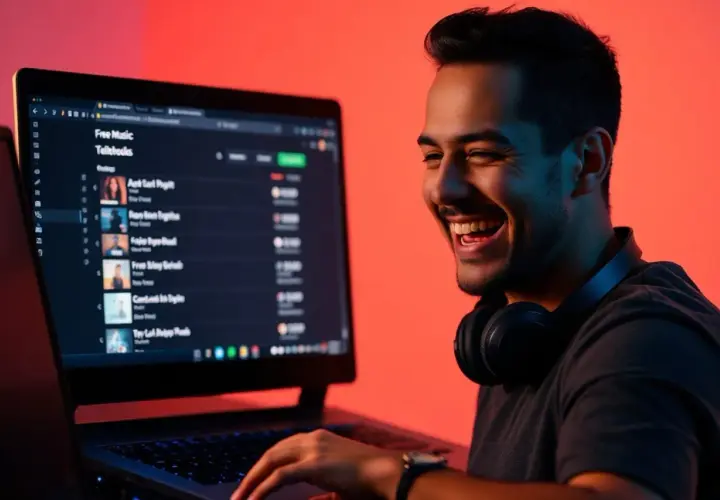 Un DJ souriant découvre un site de musique pour DJ gratuit sur son ordinateur portable, prêt à mixer.
