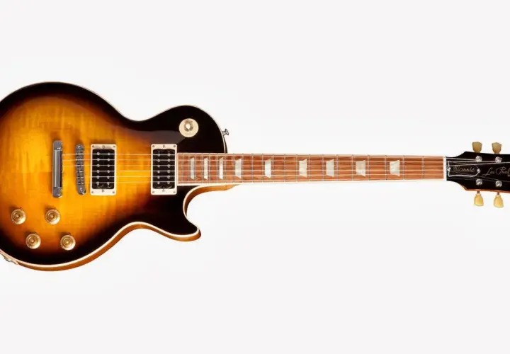 Diapason Gibson Les Paul Classic, un classique du rock avec son sunburst flamboyant.
