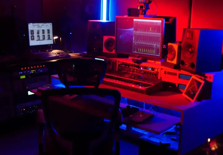 Studio d'enregistrement éclairé en rouge et bleu, avec un ordinateur affichant un logiciel de production musicale, un clavier, des enceintes et un sampler.