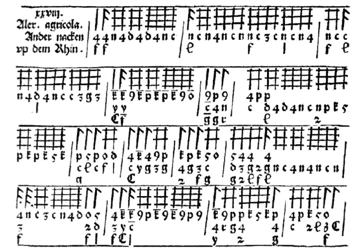 Extrait d'une partition ancienne, cette notation américaine utilise des symboles et des lettres pour guider l'interprétation musicale.