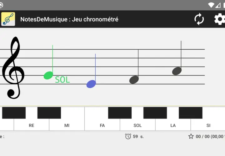 Une partition avec une clé de sol et plusieurs notes. La note SOL est mise en évidence. Un clavier de piano virtuel affiche les notes DO, RE, MI, FA, SOL, LA, SI.