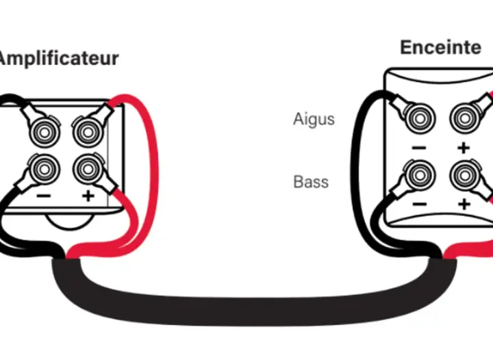 Schéma de bi-amplification : un amplificateur alimente séparément les aigus et les basses d'une enceinte.