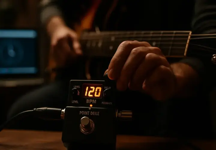 Main d'un guitariste ajustant un pédalier affichant 120 BPM, un tempo vivace pour une session d'enregistrement.