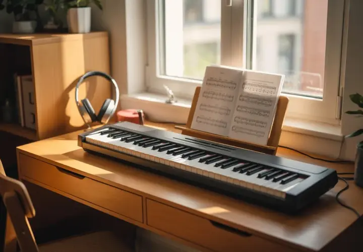 Un piano numérique prêt à l'emploi, avec partitions, sur un bureau en bois près d'une fenêtre. Idéal pour louer un piano numérique et commencer à jouer.