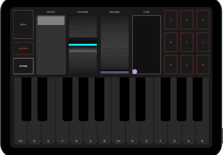 Clavier virtuel sur un iPad, avec des contrôles pour la vélocité, le pitch bend, le mod wheel, et un XY pad. Idéal pour le contrôle MIDI.
