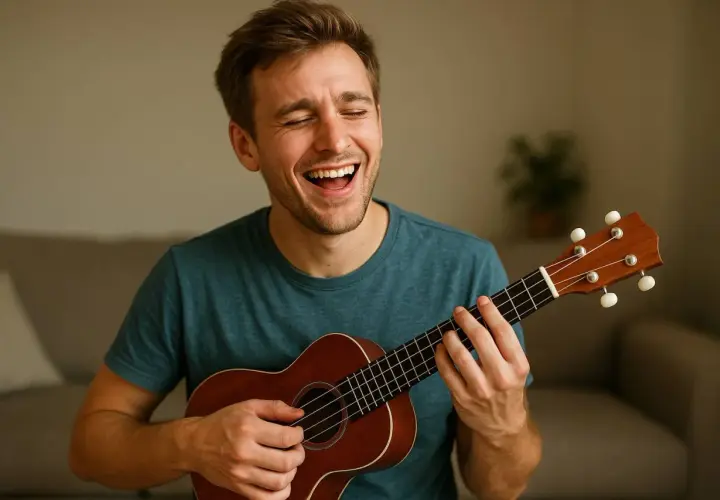Un homme rit aux éclats en jouant du ukulélé, capturant le rythme joyeux de la musique.