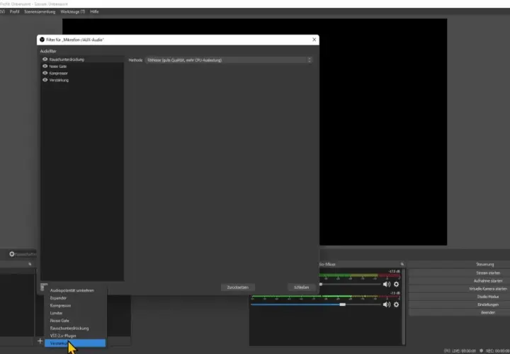 Dans OBS, le menu des filtres audio pour le micro affiche "Verstärkung" (gain micro).