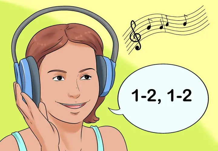 Une jeune femme écoute de la musique avec des écouteurs, comptant "1-2, 1-2". Un temps fort musical est représenté par des notes de musique.